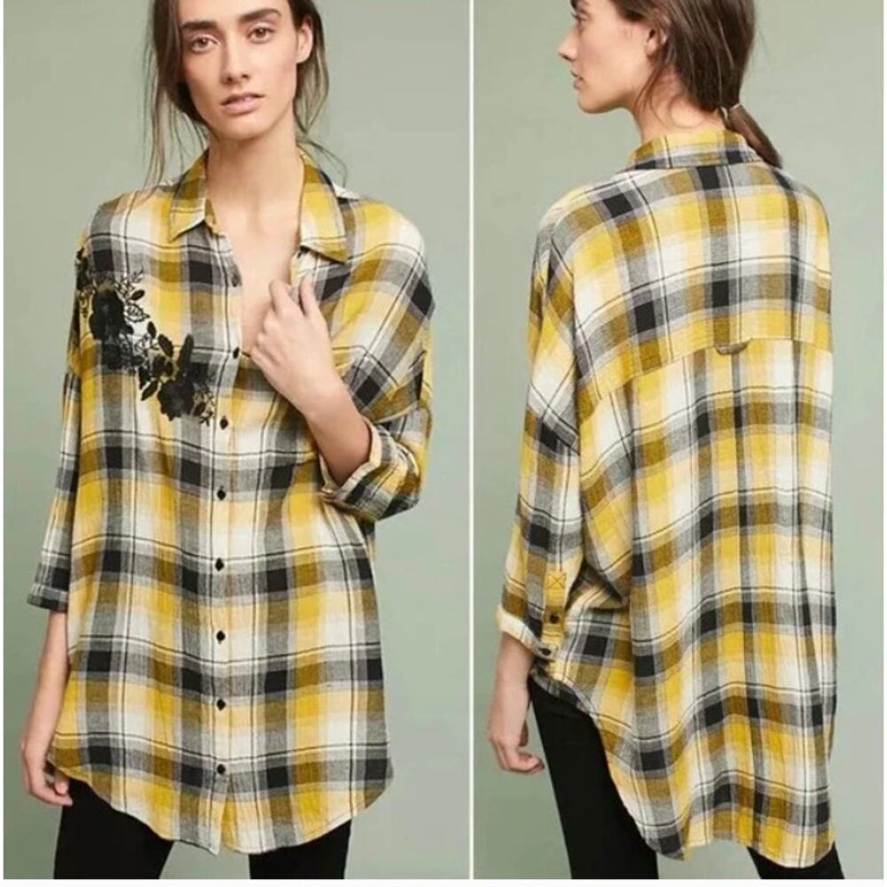 Anthropologie Maeve Embroidered Plaid Oversized Shirt XS/S